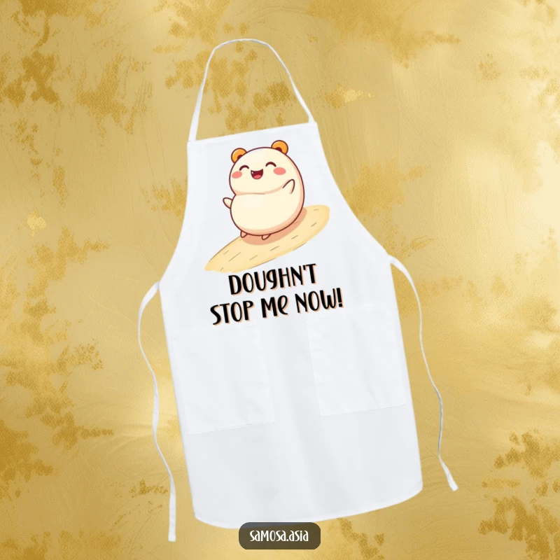 Funny apron: a smiling bao bun character joyfully rolling down a gentle slope, perfect for adding humor to kitchen tasks.