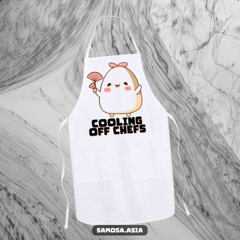 Funny apron of a happy onigiri with arms, waving a small fan, designed to keep cooks cool and cheerful.