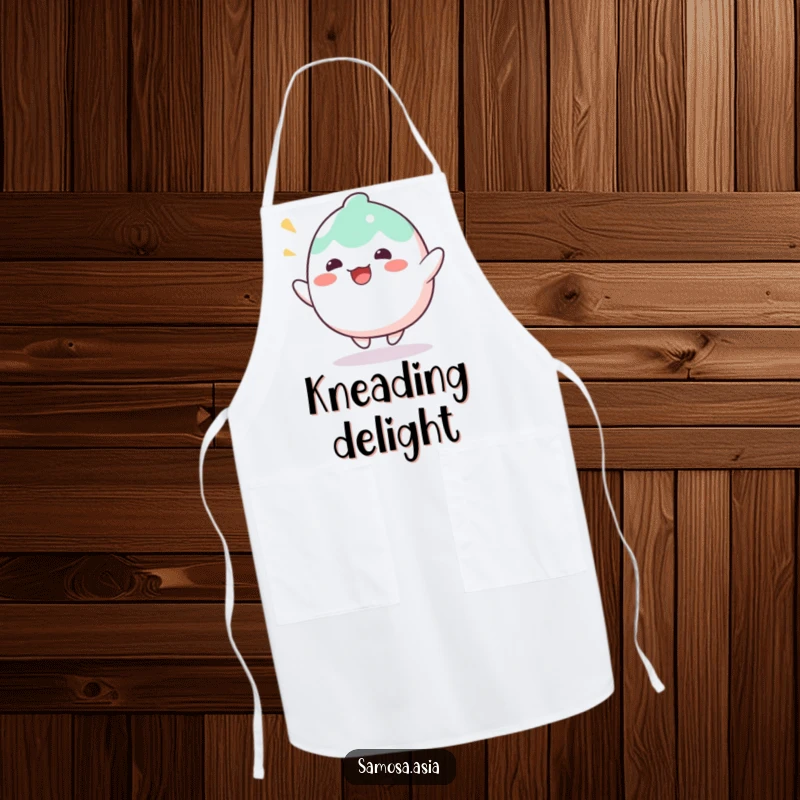Funny Apron depicting a wobbly mochi character bouncing with delight, great for kitchen use with humorous sweet treat appeal.