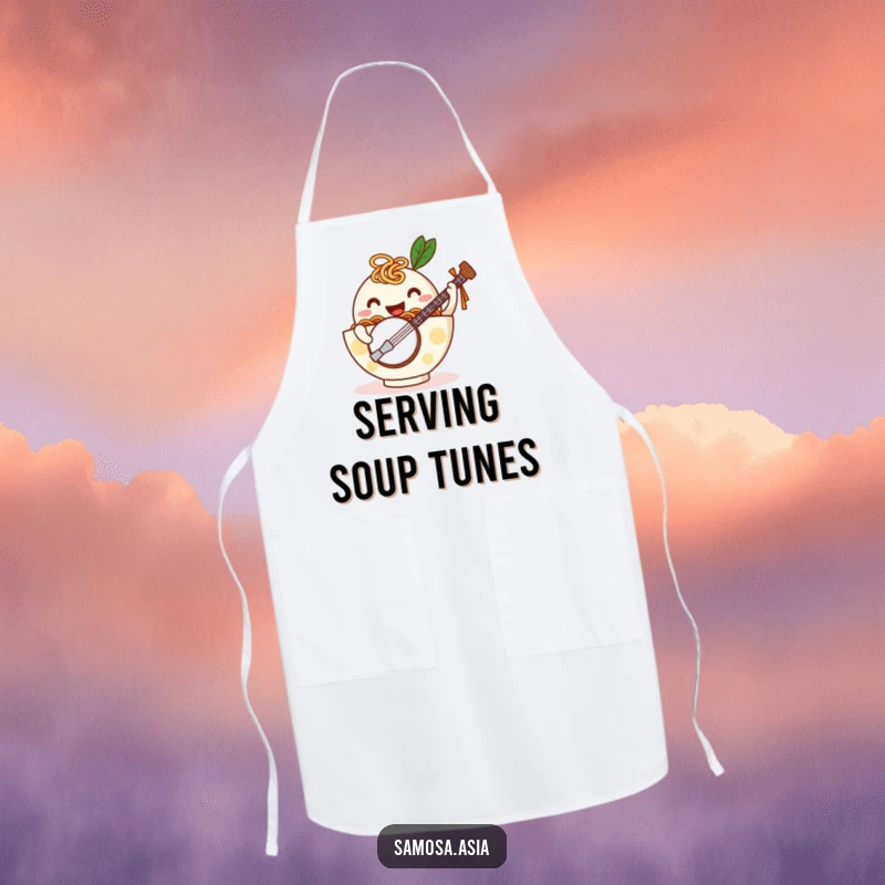 Funny apron with a happy ramen bowl on noodle arms playing a tiny banjo, perfect for a stylish and humorous cooking experience.