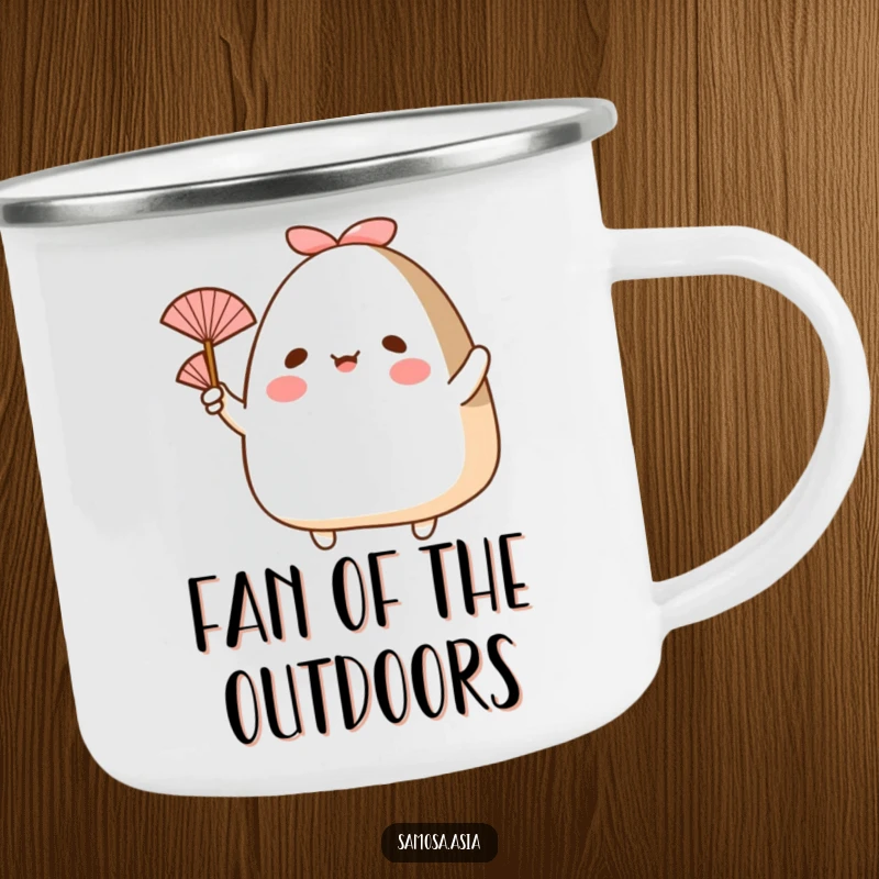 Funny camping mug of a happy onigiri with arms, waving a small fan, ideal for outdoor enthusiasts needing cool refreshment.