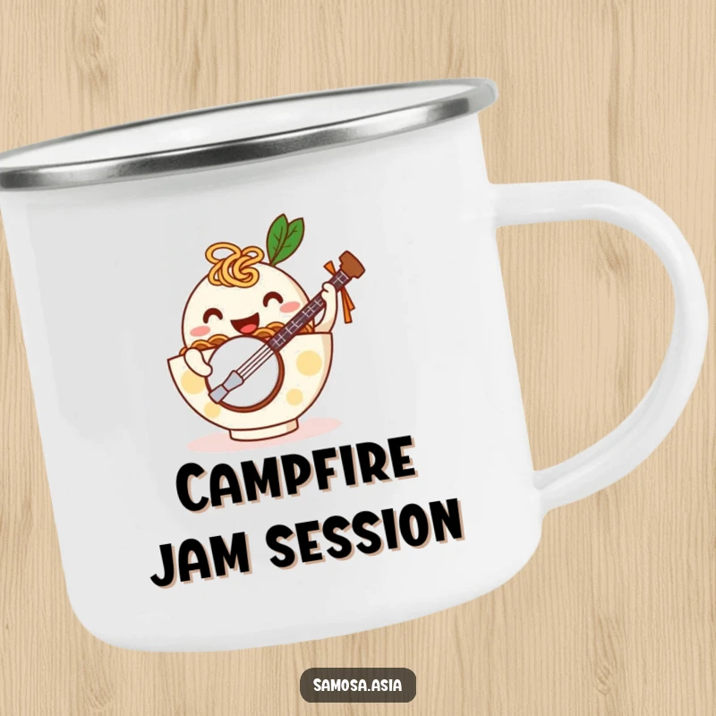 Funny camping mug with a happy ramen bowl on noodle arms playing a tiny banjo, perfect for outdoor relaxation and humorous enjoyment.