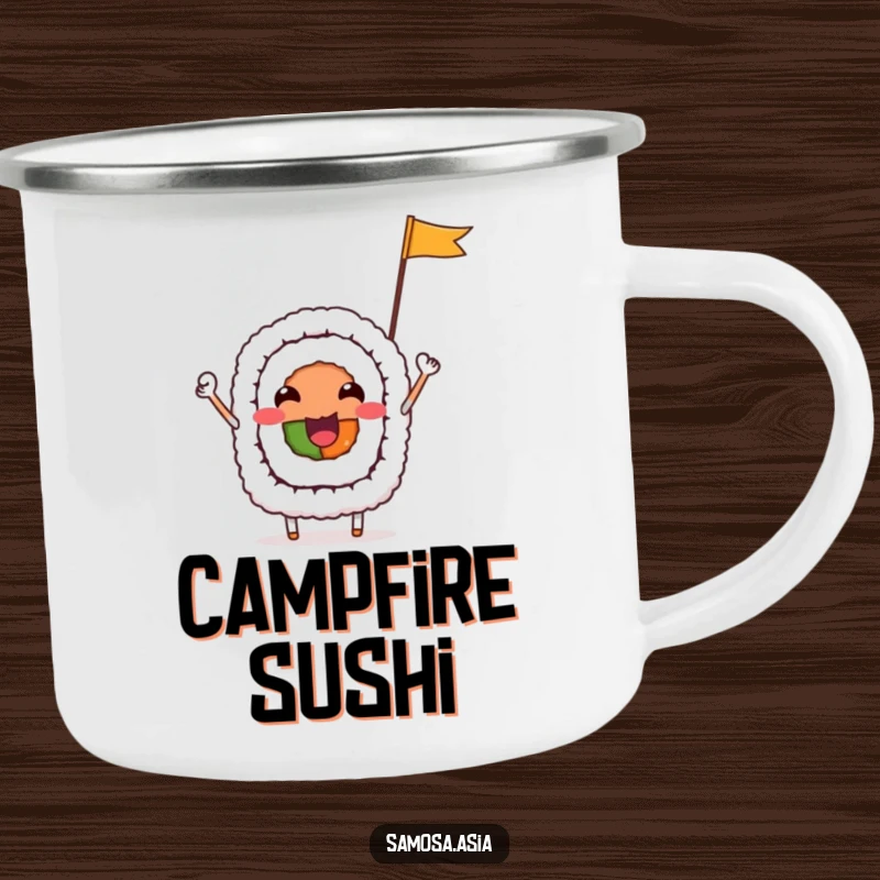 Funny Camping Mug with a cheerful sushi roll character waving a flag, perfect for outdoor use with a fun food theme.