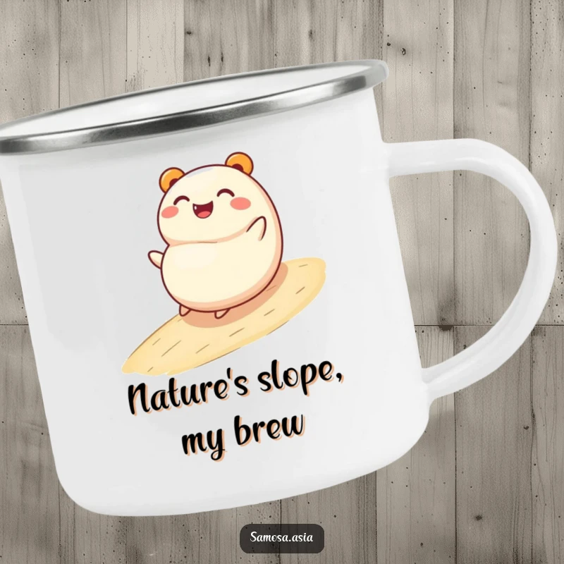 Funny camping mug: a smiling bao bun character joyfully rolling down a gentle slope, perfect for outdoor adventures and hot beverages.