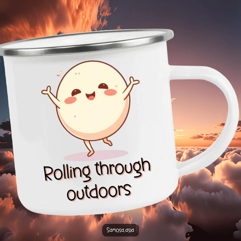 Funny camping mug showcasing a cheerful mochi ball doing a cartwheel, designed for outdoor adventures and morning coffee.