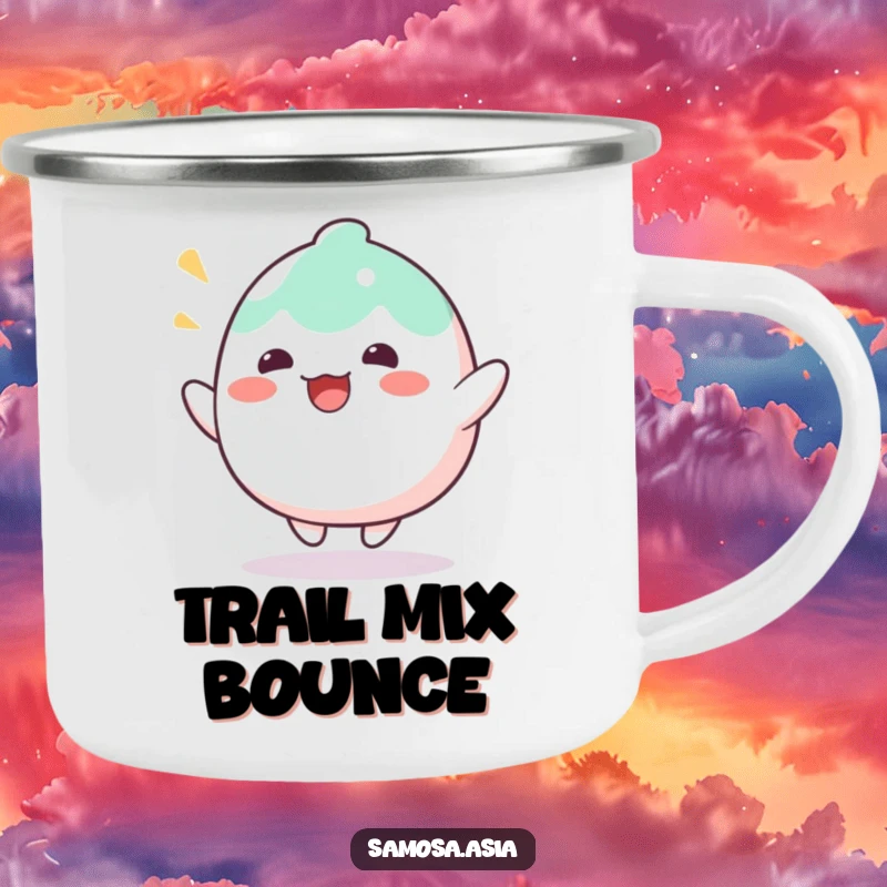 Funny Camping Mug with a wobbly mochi character bouncing with delight, perfect for outdoor use with humorous sweet treat appeal.