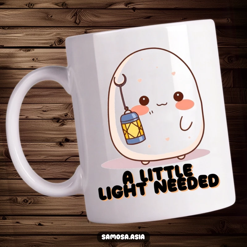 Funny mug featuring a shy onigiri character blushing and holding a lantern, radiating a soft, warm glow and sweet innocence.