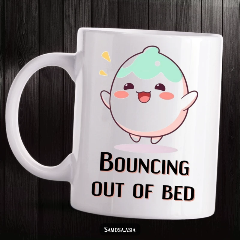 Funny Mug featuring a wobbly mochi character bouncing with delight, bringing cute food humor and pure joy.