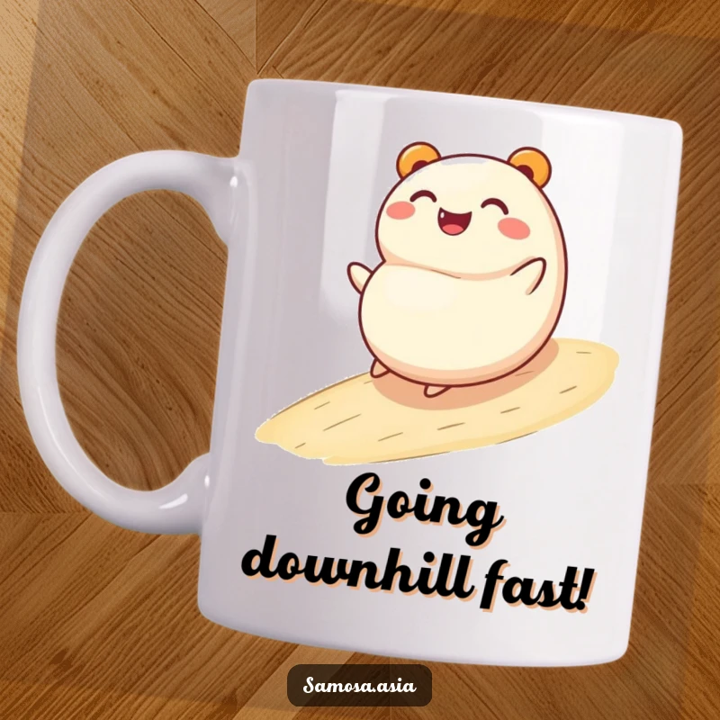 Funny mug featuring a smiling bao bun character joyfully rolling down a gentle slope, expressing pure happiness and a carefree spirit.