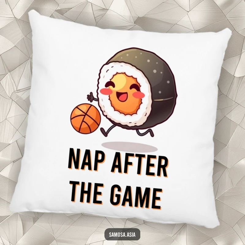 Funny pillow featuring a smiling sushi roll with tiny legs kicking a basketball, offering plush comfort and humorous athletic flair.