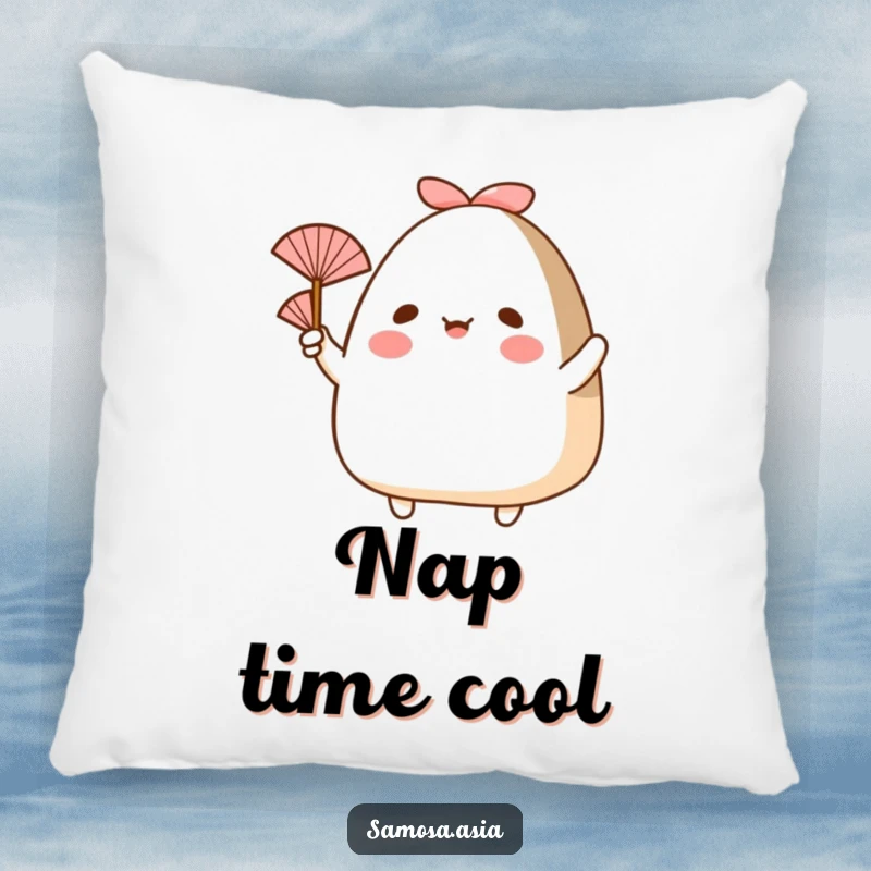 Funny pillow featuring a happy onigiri with arms, waving a small fan, offering soft comfort and playful charm.