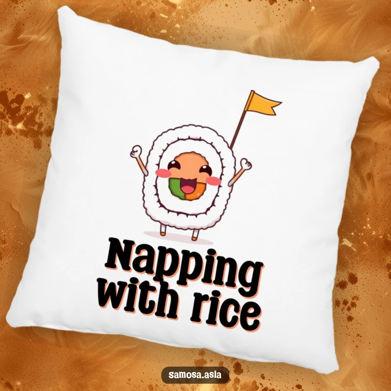 Funny Pillow featuring a cheerful sushi roll character waving a flag, offering cozy comfort and delightful food-themed humor.