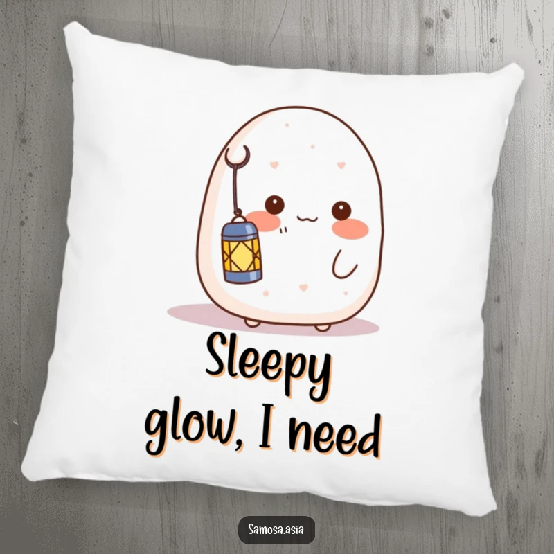 Funny pillow featuring a blushing onigiri character shyly holding a lantern, designed for comfort and to evoke a feeling of gentle warmth.