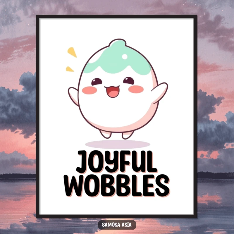 Funny Digital Art Print of a wobbly mochi character bouncing with delight, offering playful sweet art and humorous appeal.