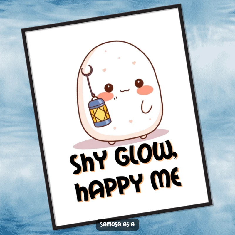 Funny digital art print of a shy onigiri character blushing and holding a lantern, conveying gentle warmth and sweet innocence.