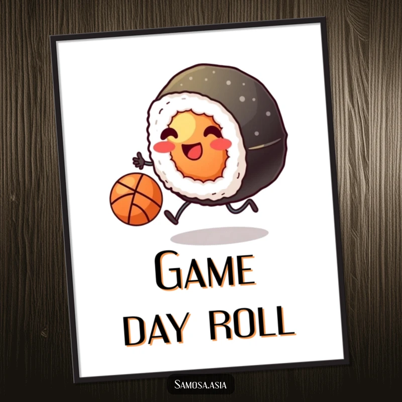 Funny digital art print of a smiling sushi roll with tiny legs kicking a basketball, perfect for humorous and energetic digital display.