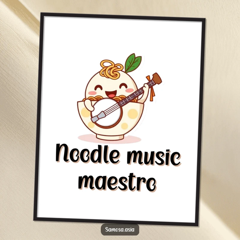 Funny digital art print of a happy ramen bowl with noodle arms playing a tiny banjo, perfect for humorous and joyful digital display.