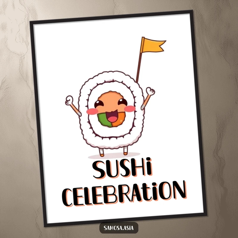 Funny Digital Art Print of a cheerful sushi roll character waving a flag, offering playful food art and humor for wall decor.