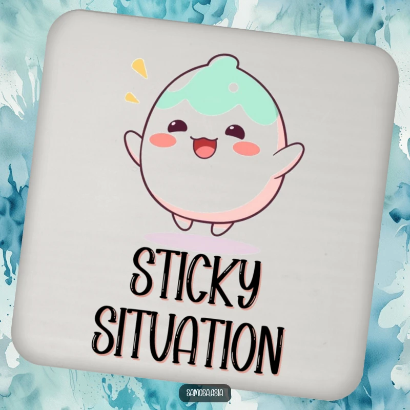 Funny Coaster featuring a wobbly mochi character bouncing with delight, protecting surfaces with humorous sweet treat appeal.