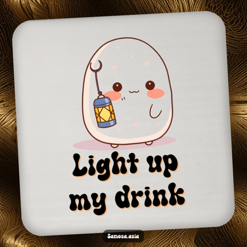Funny drink coaster featuring a shy onigiri character blushing and holding a lantern, offering gentle surface protection with a warm glow.