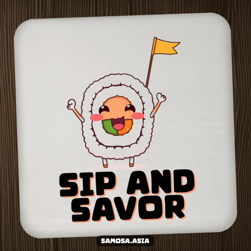 Funny Coaster featuring a cheerful sushi roll character waving a flag, protecting surfaces with a fun and humorous food theme.
