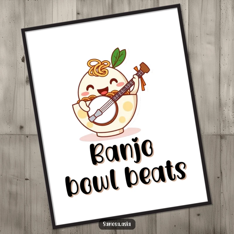 Funny poster of a happy ramen bowl with noodle arms playing a tiny banjo, capturing a moment of cheerful, musical fun.
