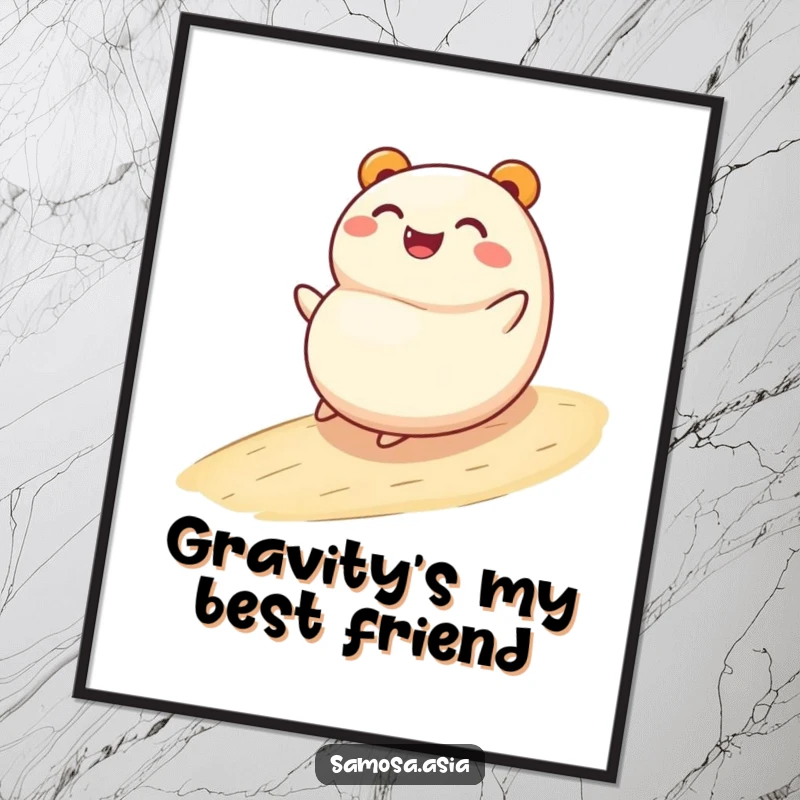 Funny poster: a smiling bao bun character joyfully rolling down a gentle slope, a vibrant piece of wall art full of cheer.