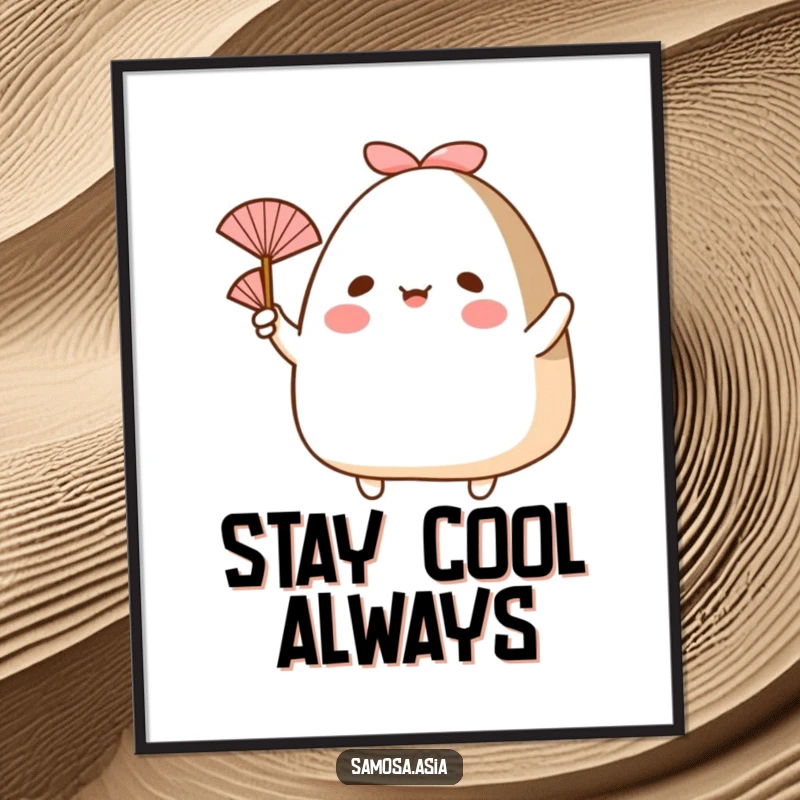 Funny poster of a happy onigiri with arms, cheerfully waving a small fan, bringing a cool and cute aesthetic.