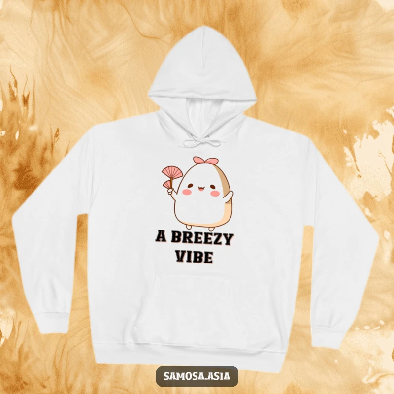 Funny hoodie of a happy onigiri with arms, waving a small fan, designed for cozy comfort and cheerful vibes.