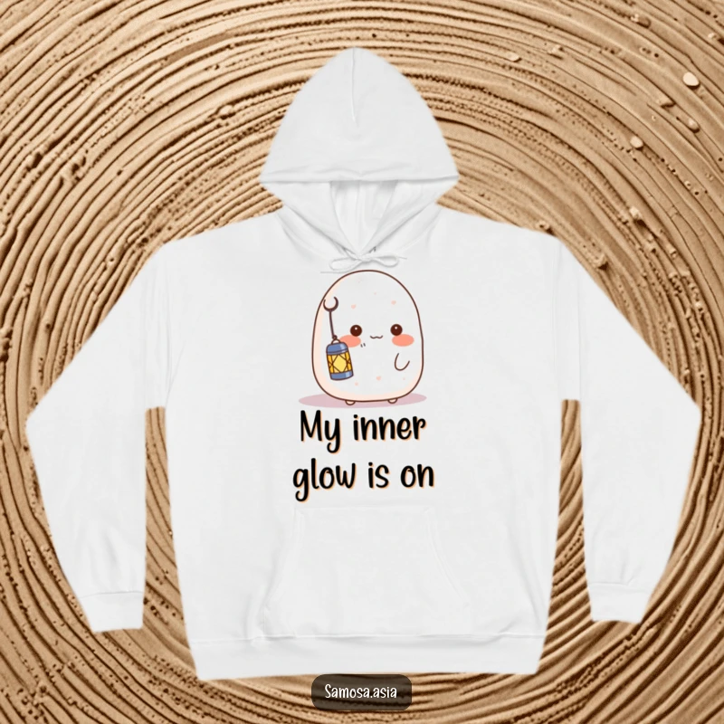 Funny hoodie: a blushing onigiri character shyly holding a lantern, offering a sense of warmth, comfort, and sweet shyness.