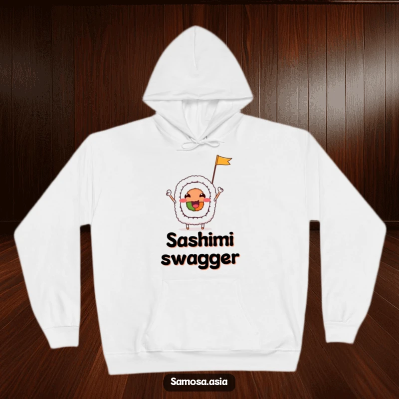 Funny Hoodie featuring a cheerful sushi roll character waving a flag, offering cozy comfort and delightful food-themed humor.