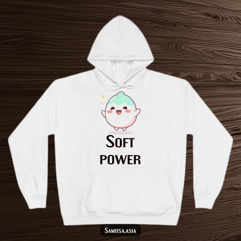 Funny Hoodie depicting a wobbly mochi character bouncing with delight, offering cozy comfort and absolutely adorable sweet treat humor.
