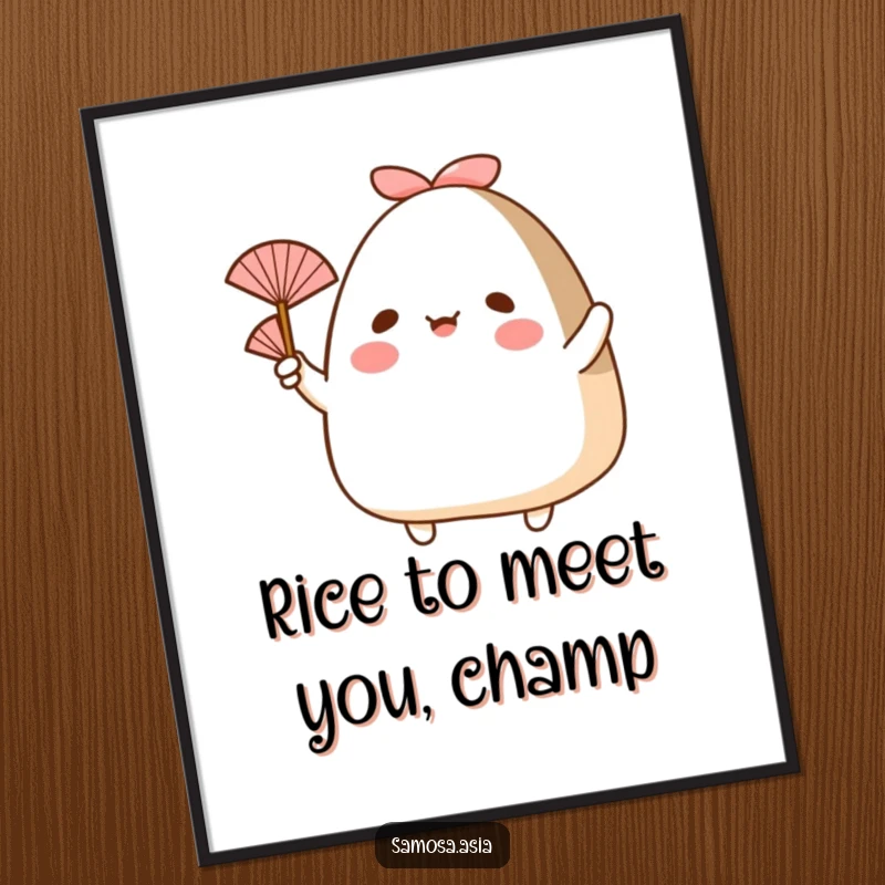 Funny Free Printable Wall Art: A happy onigiri character with arms holding and waving a small fan, looking cheerful.