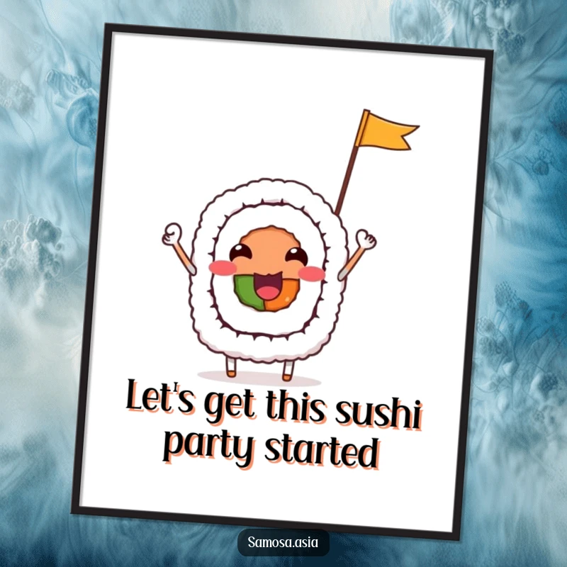 Quirky Free Printable Wall Art: A cheerful sushi roll character with a tiny flag, perfect for kitchen decor.