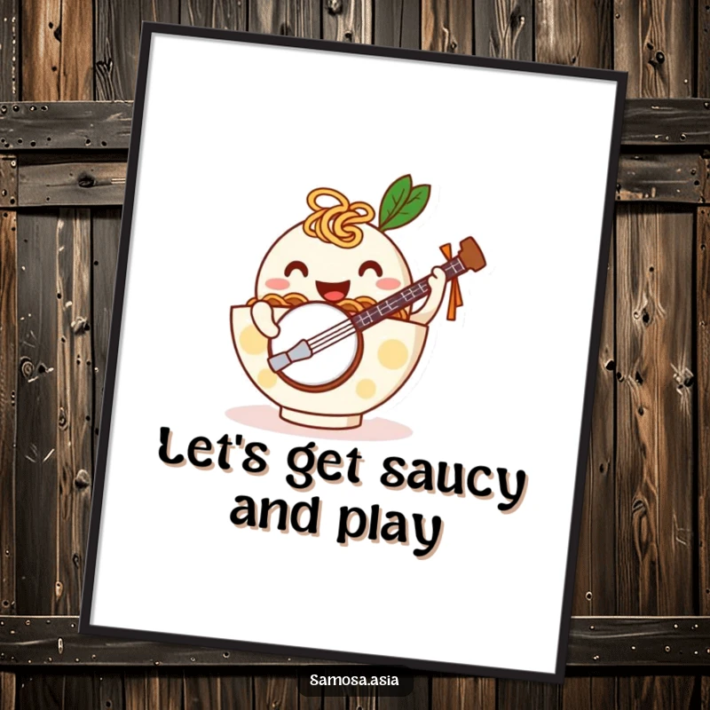 Funny Free Printable Wall Art showing a happy ramen bowl with noodle arms strumming a tiny banjo. Whimsical and charming.