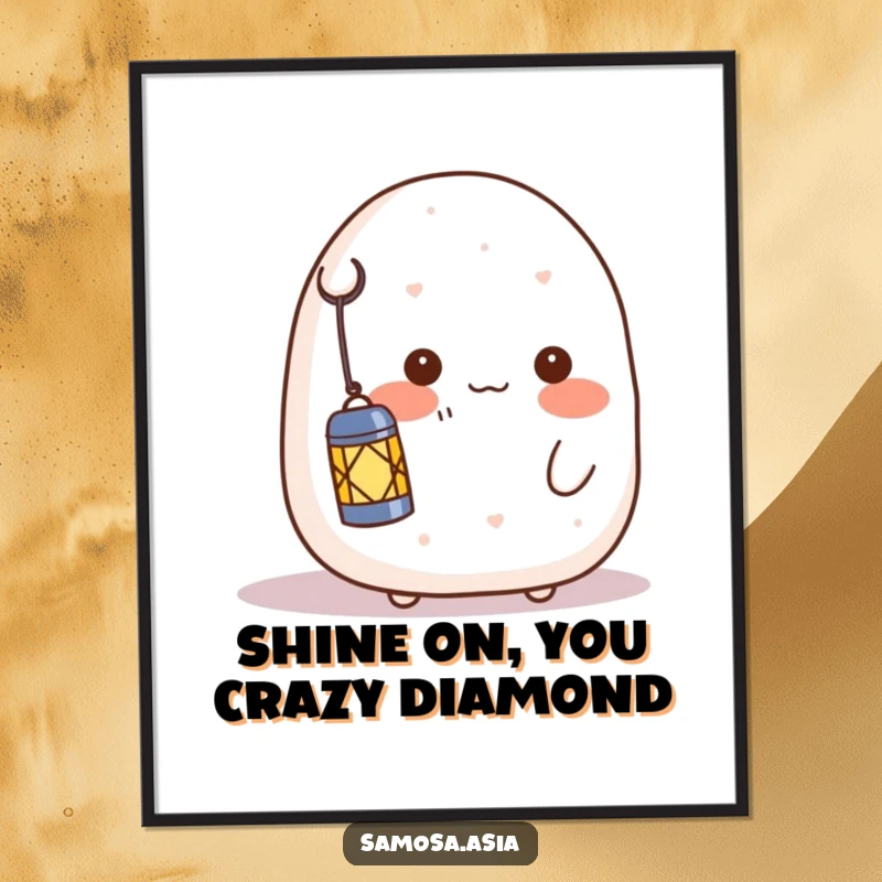 Funny Free Printable Wall Art: A blushing onigiri character shyly holding a lantern