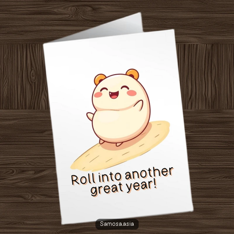 Funny Free Printable Birthday Card: A smiling bao bun character joyfully rolling down a slope