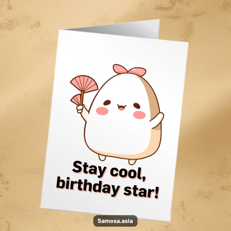 Funny Free Printable Birthday Card: Happy onigiri with arms cheerfully waving a small fan, sending cool vibes.
