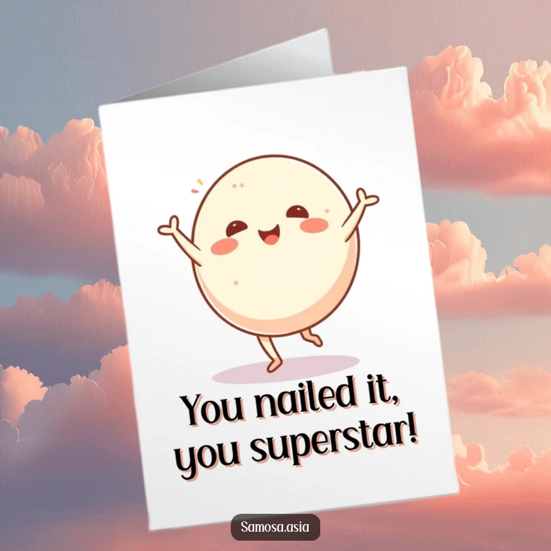 Funny Free Printable Congratulations Card: A cheerful mochi ball with arms in mid-cartwheel, celebrating success with humor.