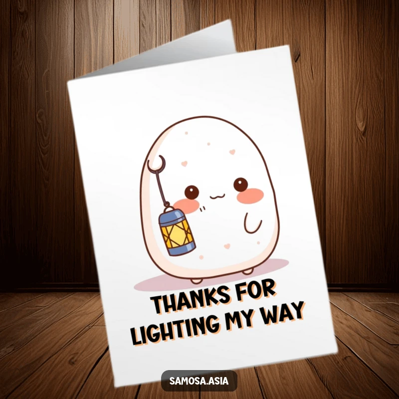 Funny Free Printable Thank You Card: A blushing onigiri character shyly holding a lantern