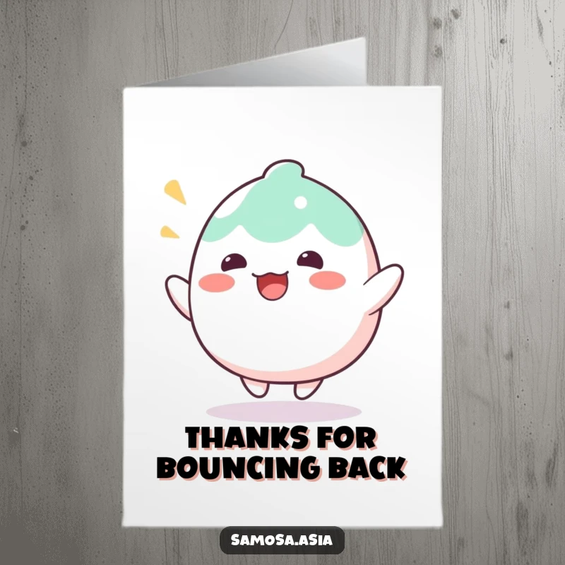 Cute Free Printable Thank You Card: A wobbly mochi character bouncing with joy to convey thanks.