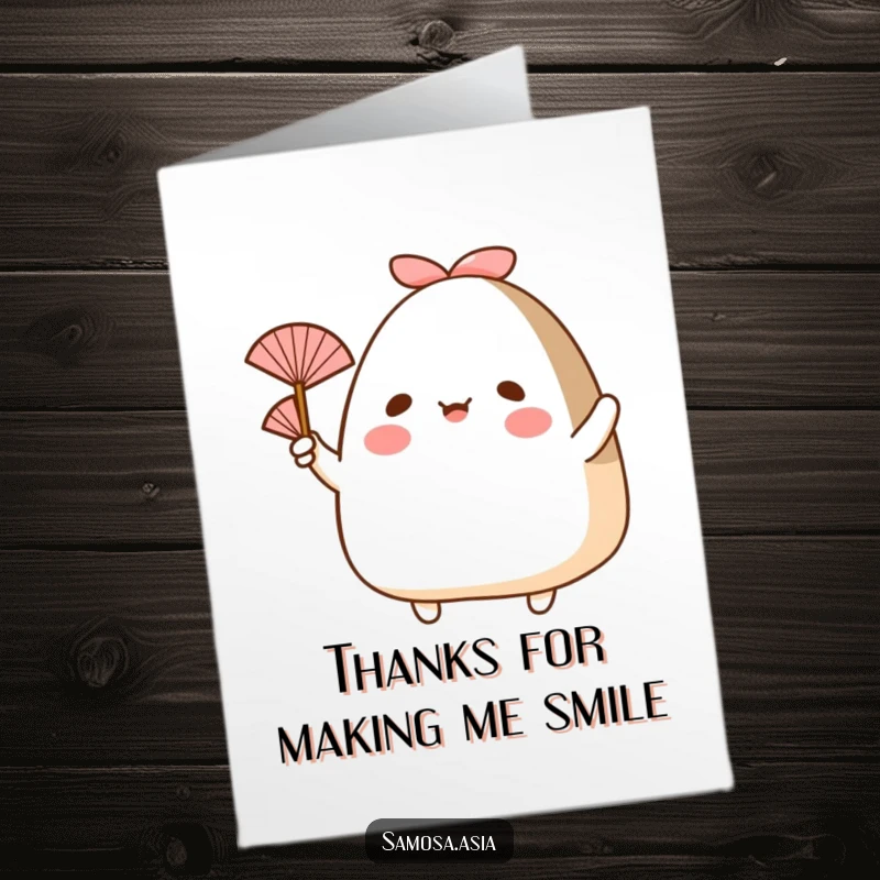 Funny Free Printable Thank You Card: A cheerful onigiri figure with arms waving a small fan, expressing thanks humorously.
