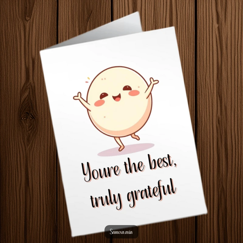 Funny Free Printable Thank You Card: A happy mochi ball with arms cartwheeling energetically, expressing thanks humorously.