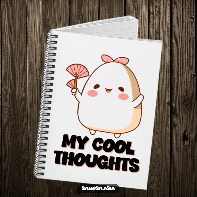 Funny notebook with a cover illustration of a happy onigiri with arms, waving a small fan, for jotting down cool ideas.