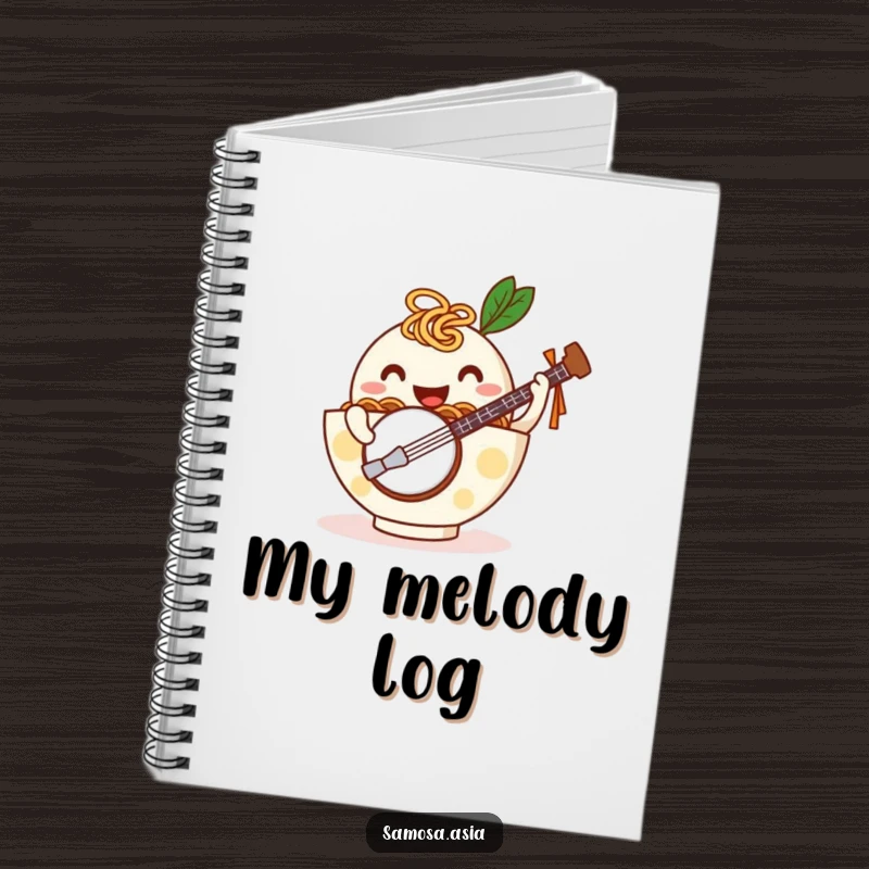 Funny notebook featuring a happy ramen bowl with noodle arms playing a tiny banjo, ideal for jotting down ideas with a humorous, musical touch.
