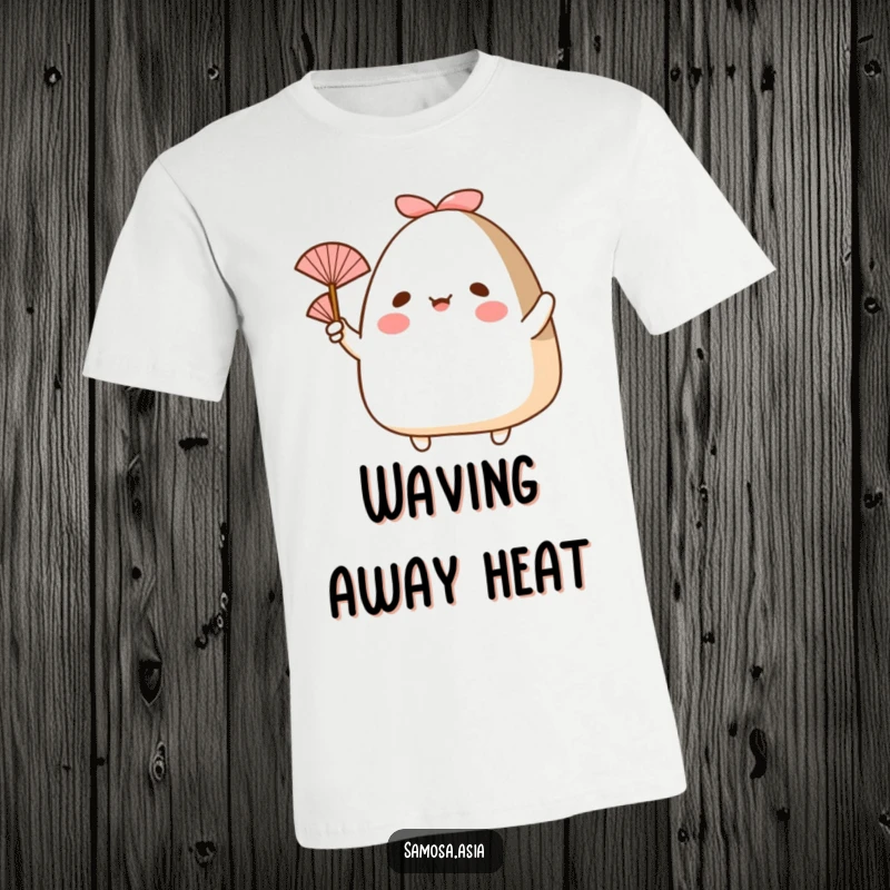 Funny t-shirt featuring a happy onigiri with arms, playfully waving a small fan, embodying a cool and cheerful spirit.