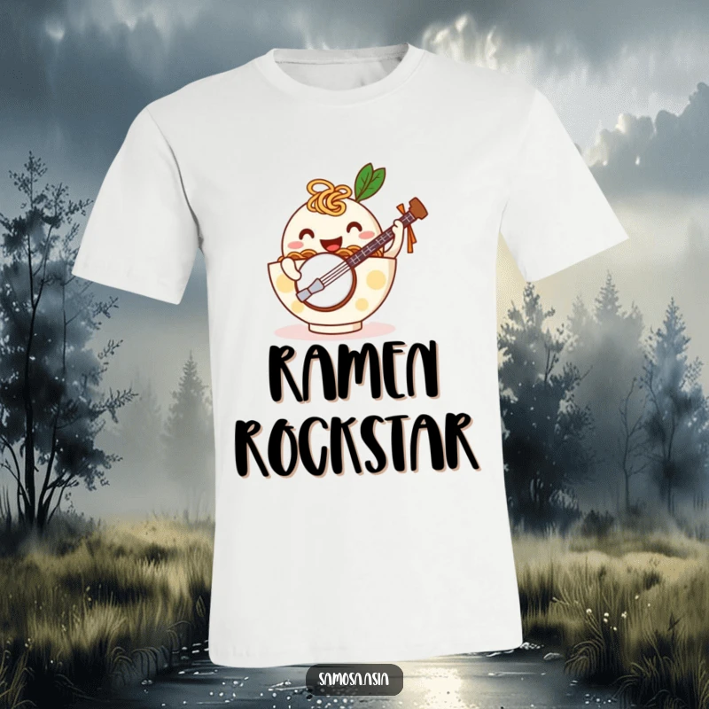 Funny t-shirt with a happy ramen bowl on noodle arms playing a tiny banjo, perfect for foodies and music lovers.