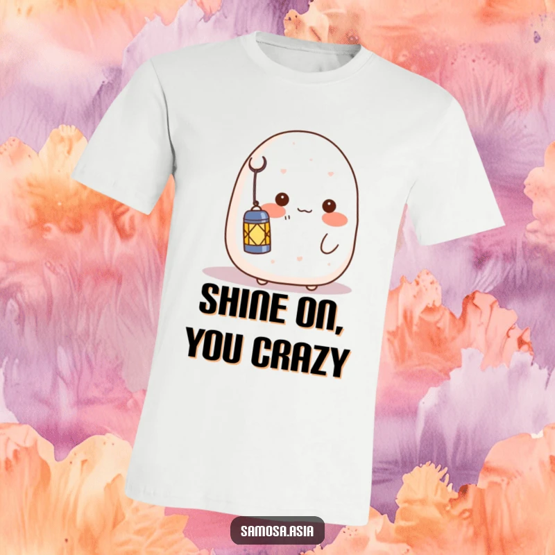 Funny t-shirt: a blushing onigiri character shyly holding a lantern, looking sweet and emitting a soft, inviting light.