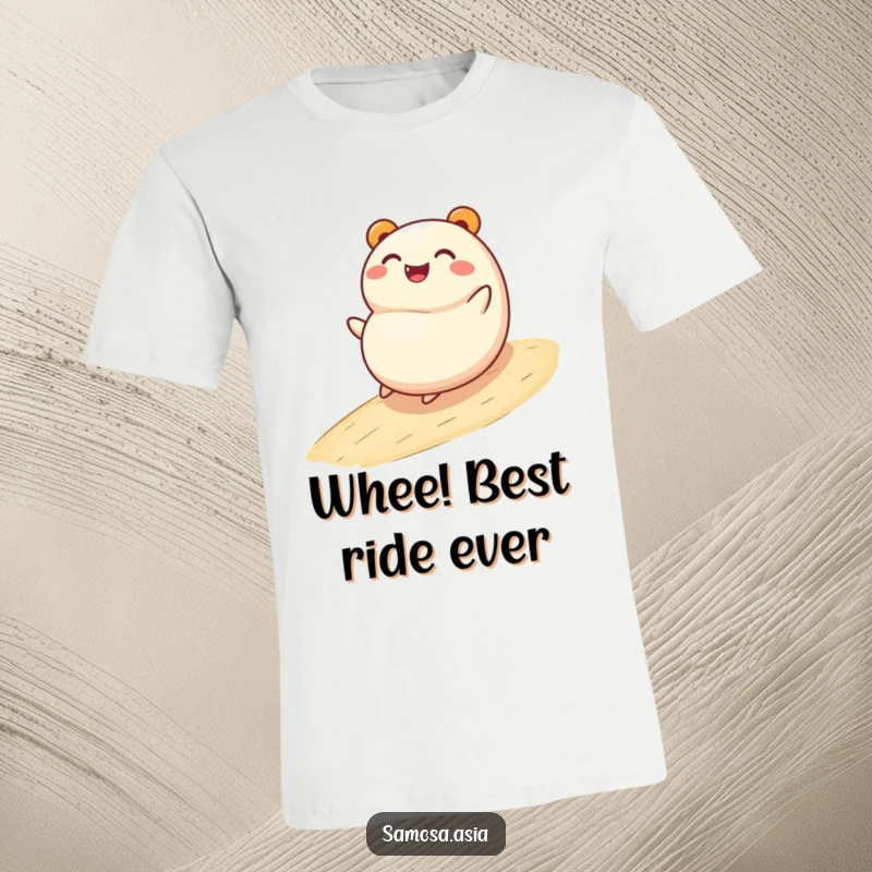 Funny t-shirt: a smiling bao bun character with a joyful expression, happily rolling down a gentle slope in a playful motion.