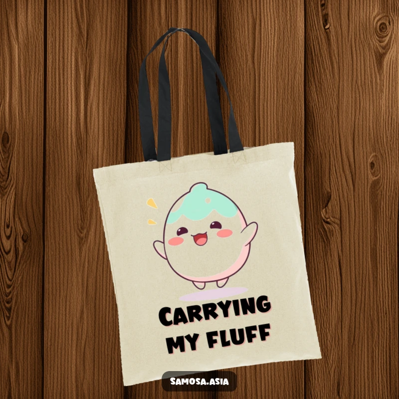 Funny Tote Bag with a wobbly mochi character bouncing with delight, perfect for carrying items with humorous sweet treat appeal.